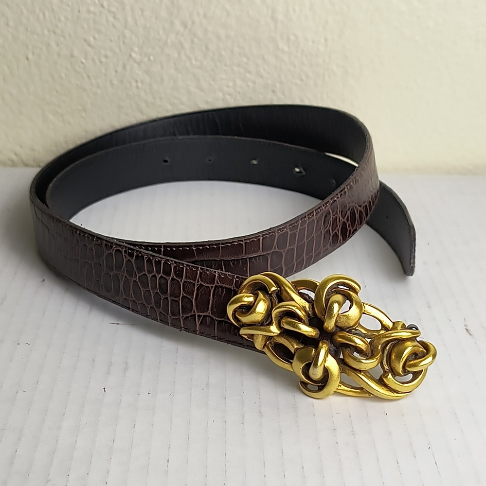 Connie Bates For Fahrenheit Brown Embossed Belt with Gold Buckle